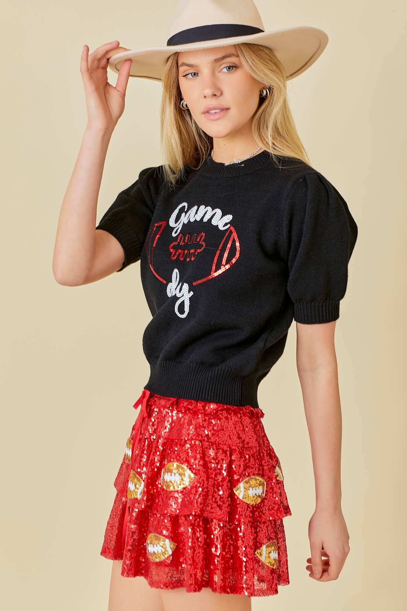 Game Day Puff Sleeve Sweater Top: Red / S