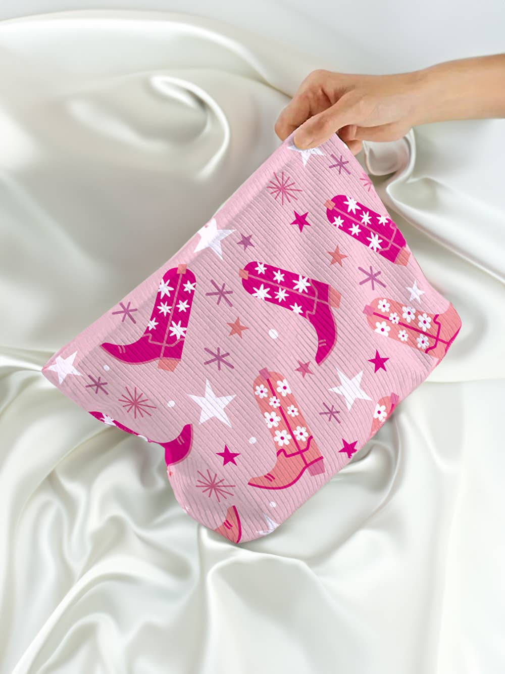 Western Cowboy Boots Star Print Large Makeup Bag: Pink