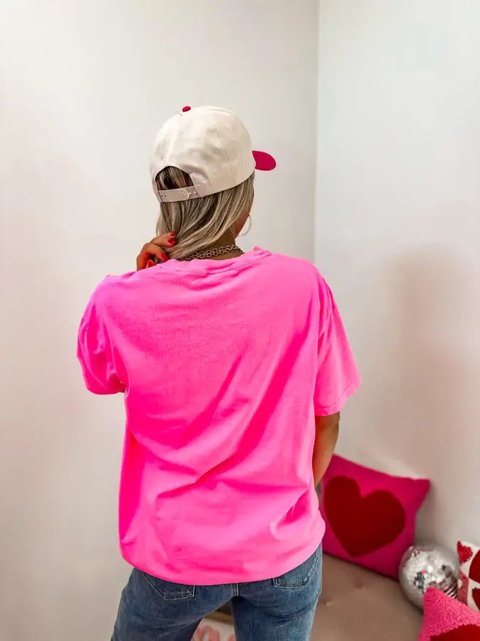 Neon Pink Heart Puff Graphic Tee: 2XL