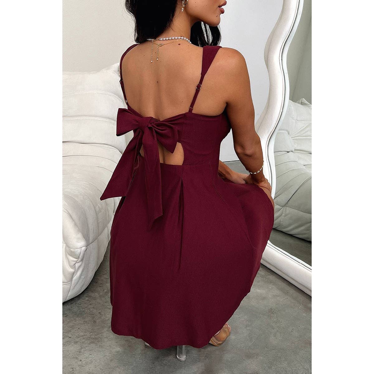 Solid Square Neck Fit Sleeveless Short Dress: WHITE / S