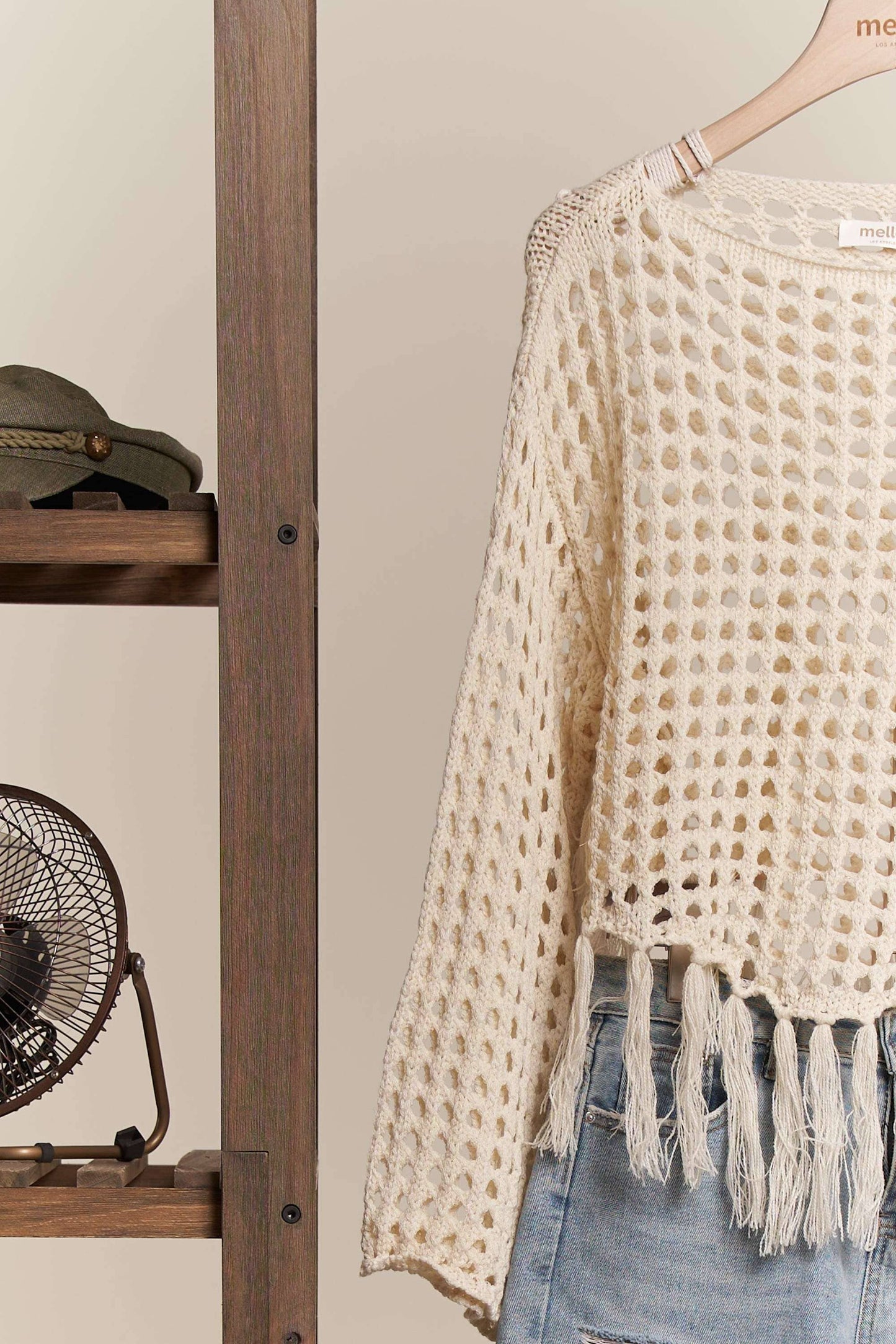 Boat Neck Fishnet Sweater with Fringe detail: Cream / M