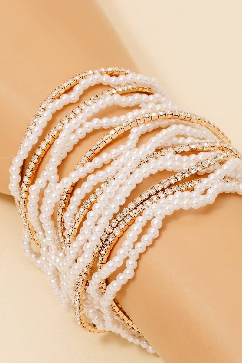 Rhinestone And Pearl Beaded Bracelet Set: G