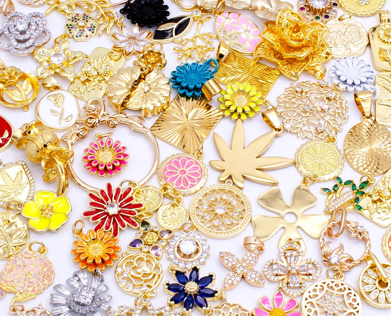 Bulk Gold Flower Charm Bracelet Necklace Charm Bar Supply: 10 pieces