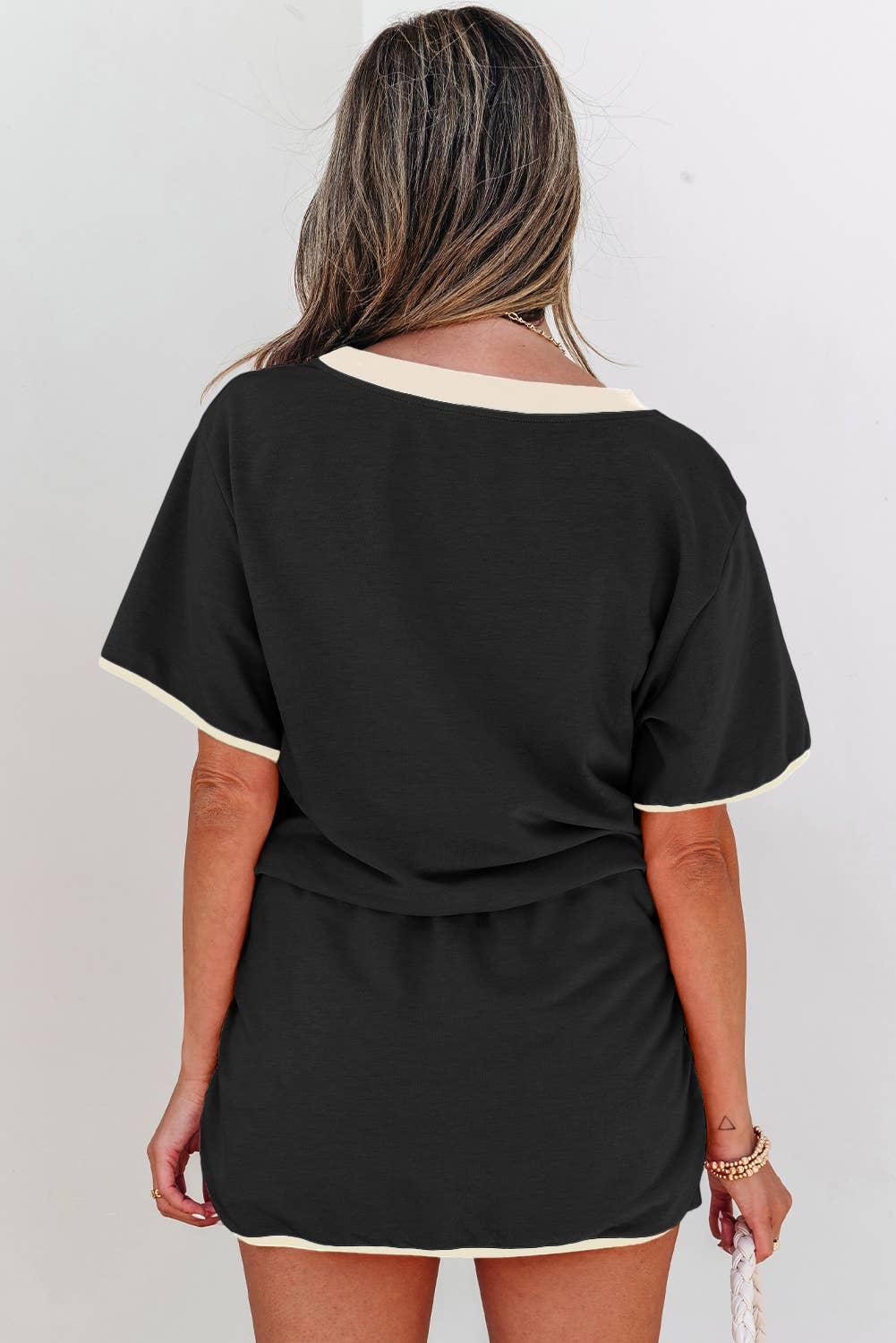 LDC Sequin Rugby Football Patched Colorblock Tee and Skorts: Black / L
