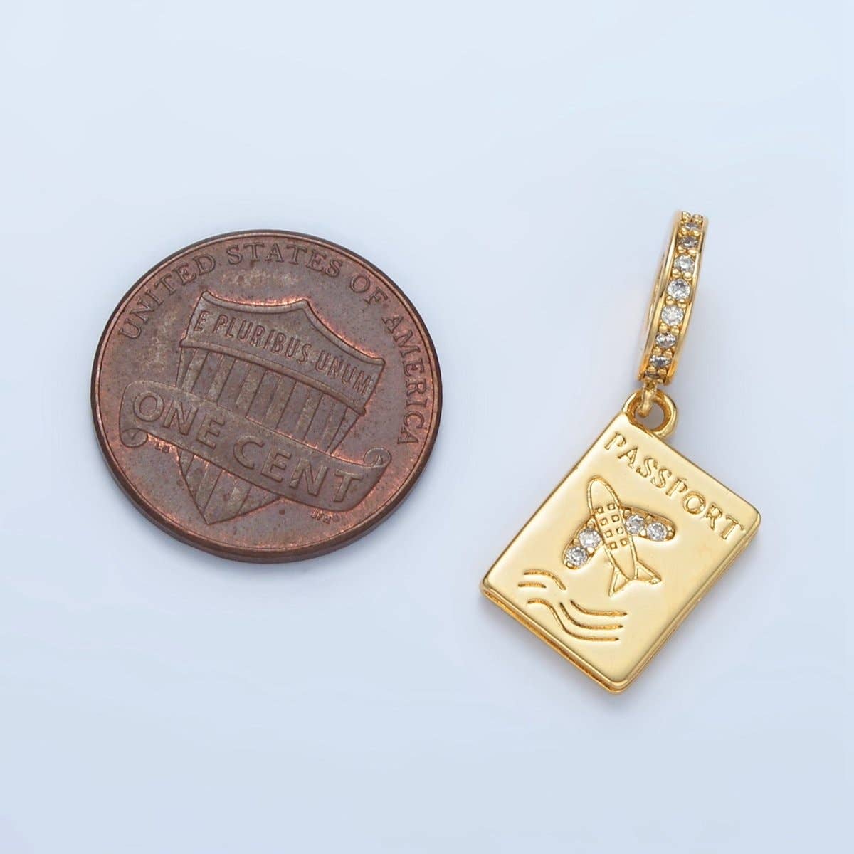 24K Gold Filled Micro Paved CZ Travel Passport Rhondelle Drop Pendant | E369