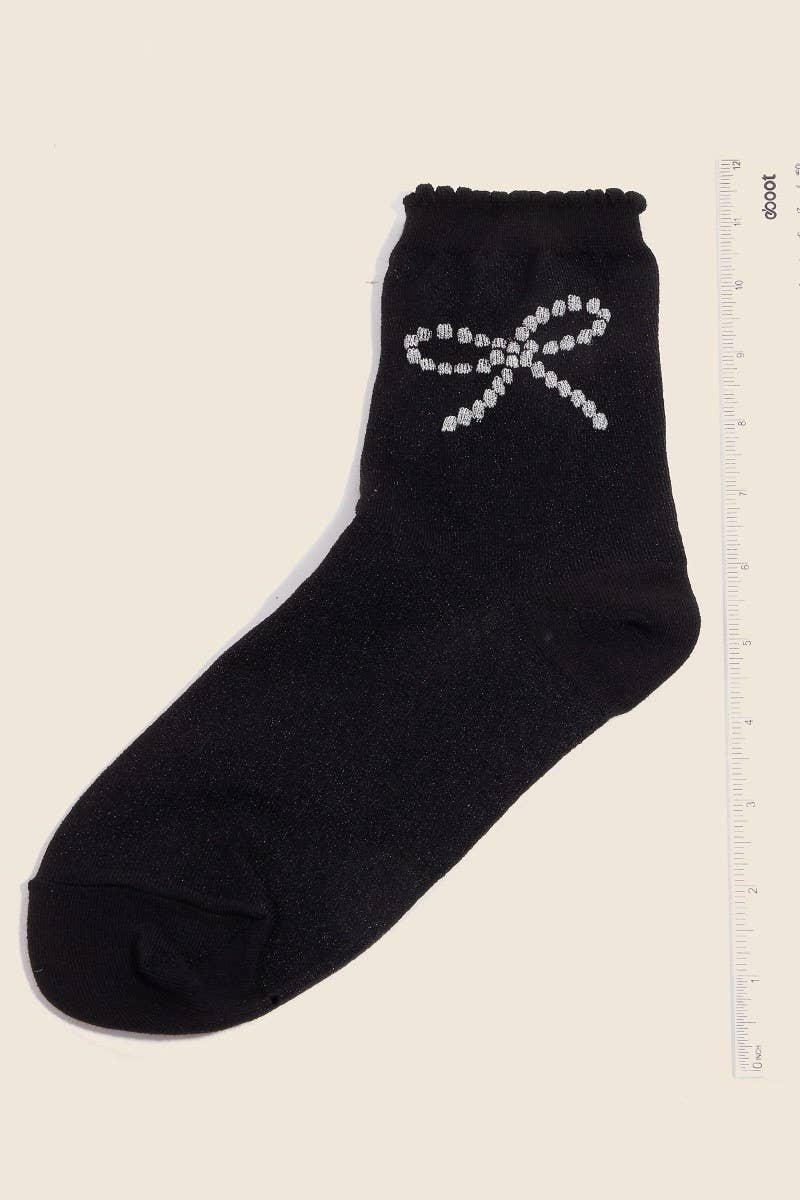 Silver Glitter Ribbon Bow Embroidered Black Socks: Black