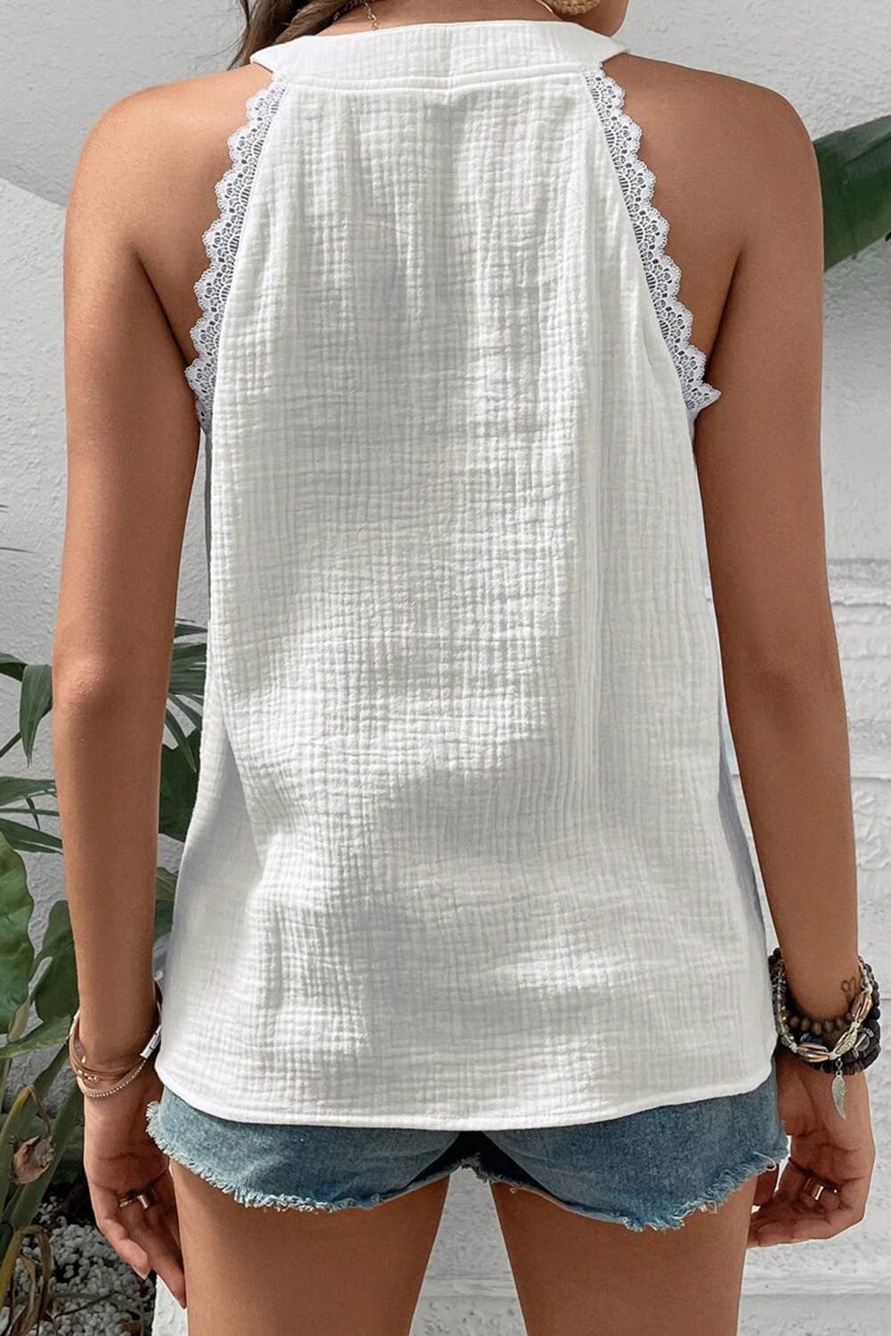 Textured Lace Trim Pure Cotton Sleeveless Top: White / L