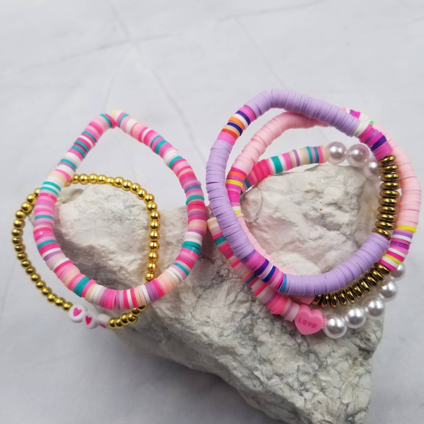 Valentines LOVE Heart Heishi Bracelets - Set Of 5