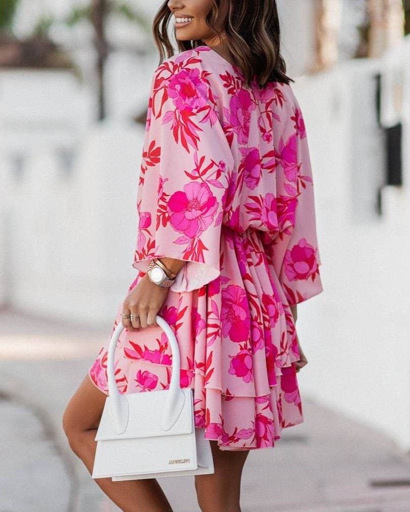 V-Neck Print Waist Cinched Dolman Sleeve Dress: Orange / S