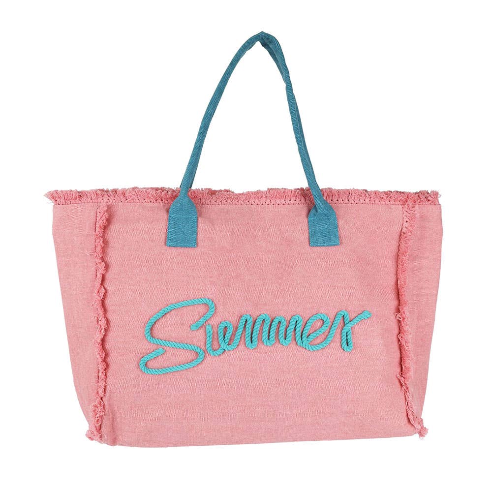 SUMMER Message Embroidered Fringe Canvas Tote Beach Bag: Pu