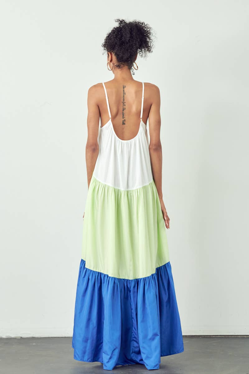 COLOR BLOCK MAXI DRESS WITH POCKETS: YELLOW/PINK