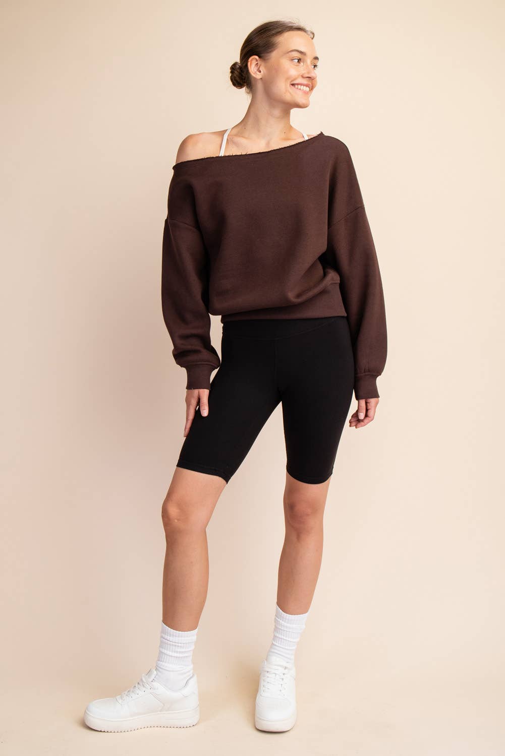 FRENCH TERRY FLEECE OFF SHOULDER SWEATSHIRT: Eucalyptus / S-M-L(2-2-2)