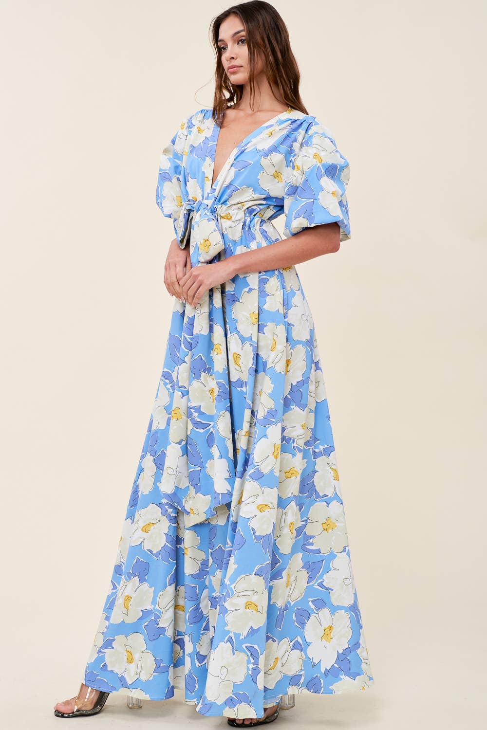 Printed V Neck Maxi Dress - Short Sleeve: PURPLE/LAVENDER