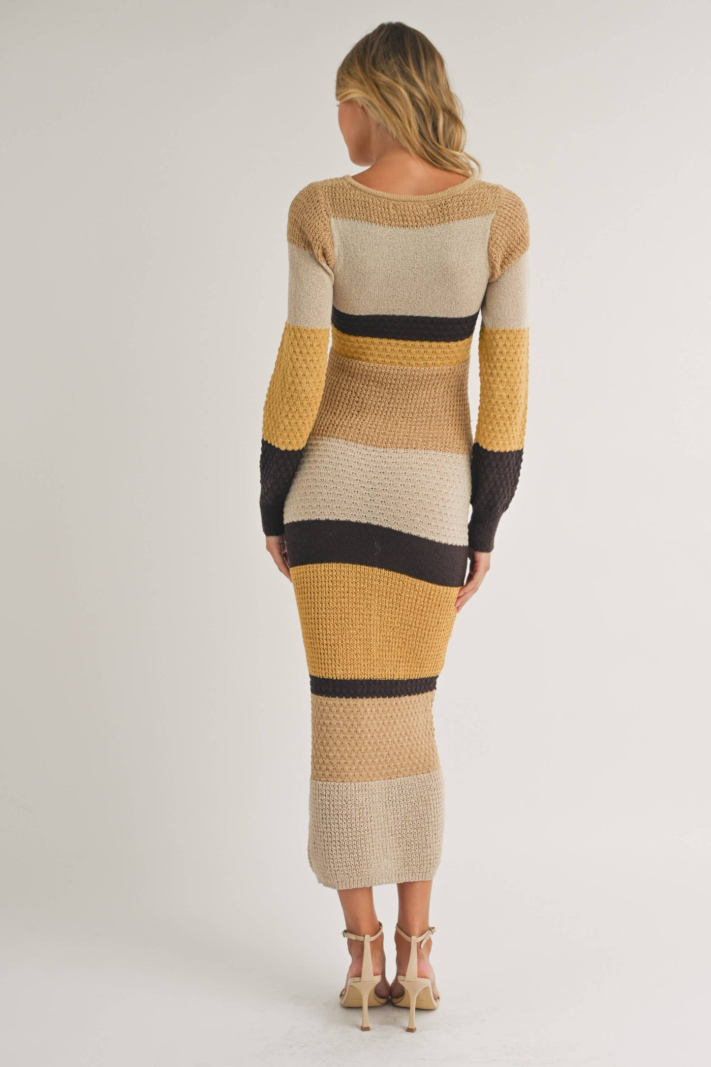 ID7261 - LONG SLEEVE COLORBLOCK SWEATER BODYCON MIDI DRESS: BROWN MULTI / S