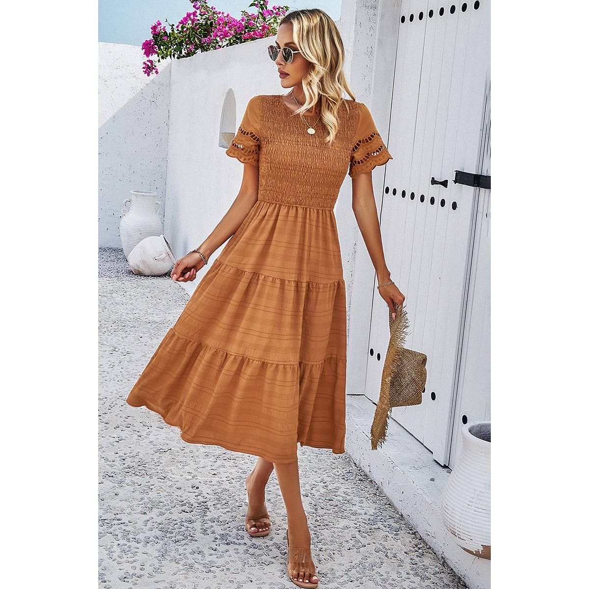 Lace Round Neck Ruched Fit Ruffle Solid Dress: WHITE / M