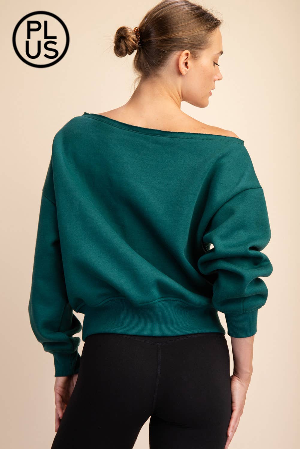 PLUS SIZE FRENCH TERRY FLEECE OFF SHOULDER SWEATSHIRT: Eucalyptus / 1X-2X-3X(3-2-1)