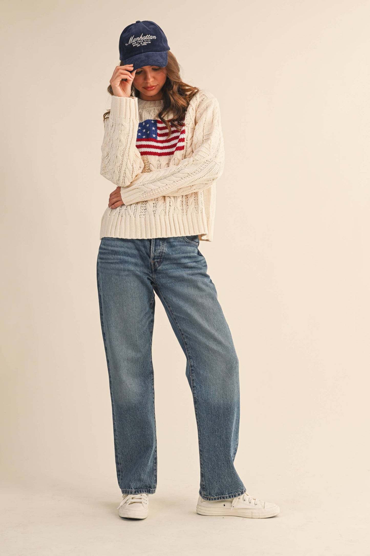 IT4473 USA FLAG CABLE KNIT SWEATER: CREAM / L