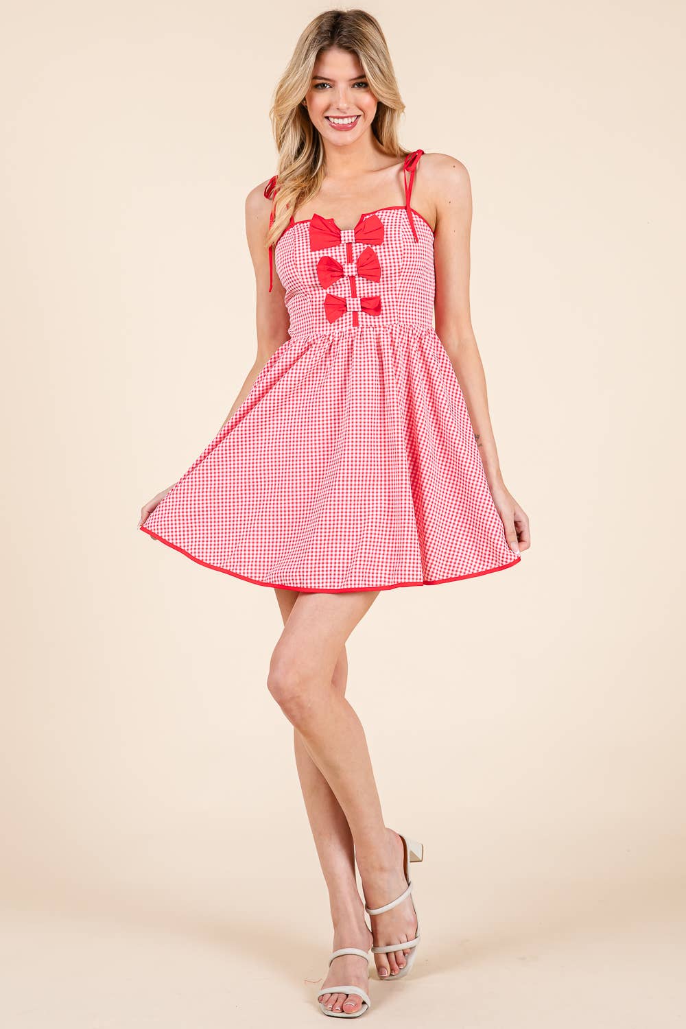 Gingham print mini dress with ribbon decoration: RED / M