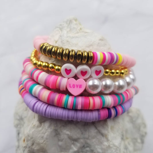 Valentines LOVE Heart Heishi Bracelets - Set Of 5