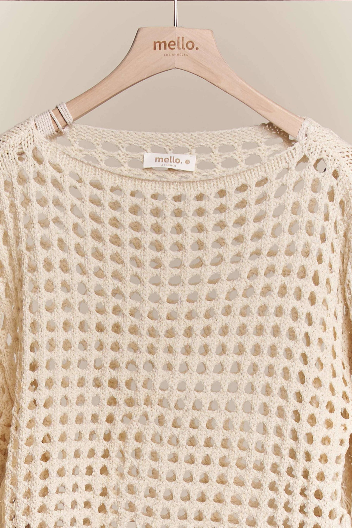 Boat Neck Fishnet Sweater with Fringe detail: Cream / M