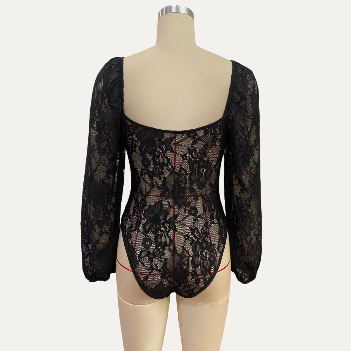 Flirty and Elegant Sheer Lace Long Sleeve Bodysuit: Black