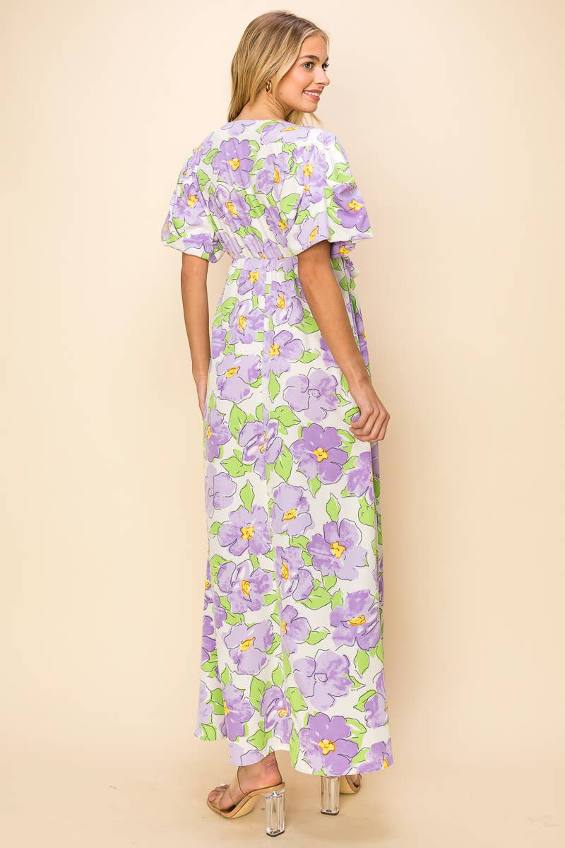 Printed V Neck Maxi Dress - Short Sleeve: PURPLE/LAVENDER