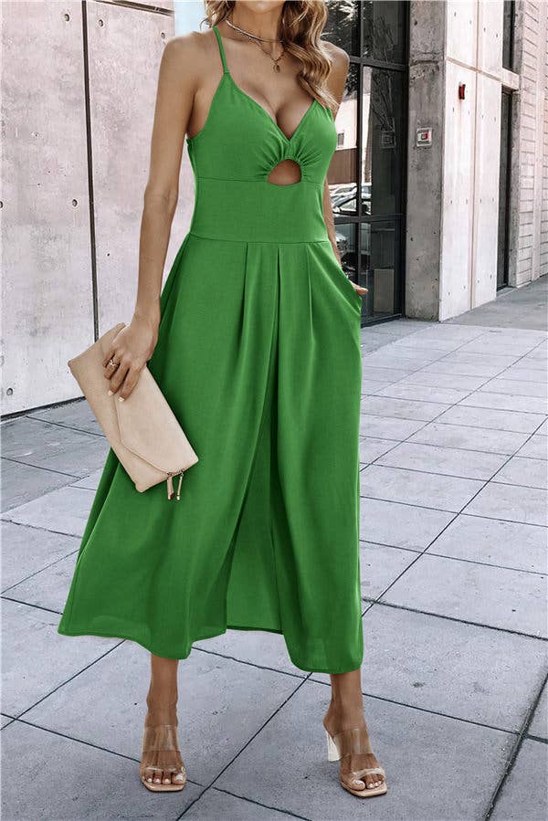 SZ1-DR0035 Ruched Cut Out Tank Dress with Front Slit: Green / S