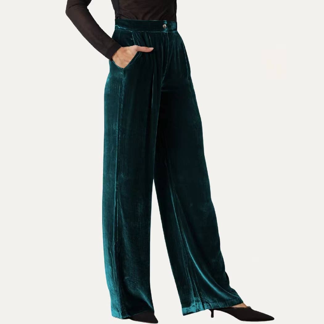 Chic Solid Velvet High-Rise Wide Leg Trouser Pants: Red / L