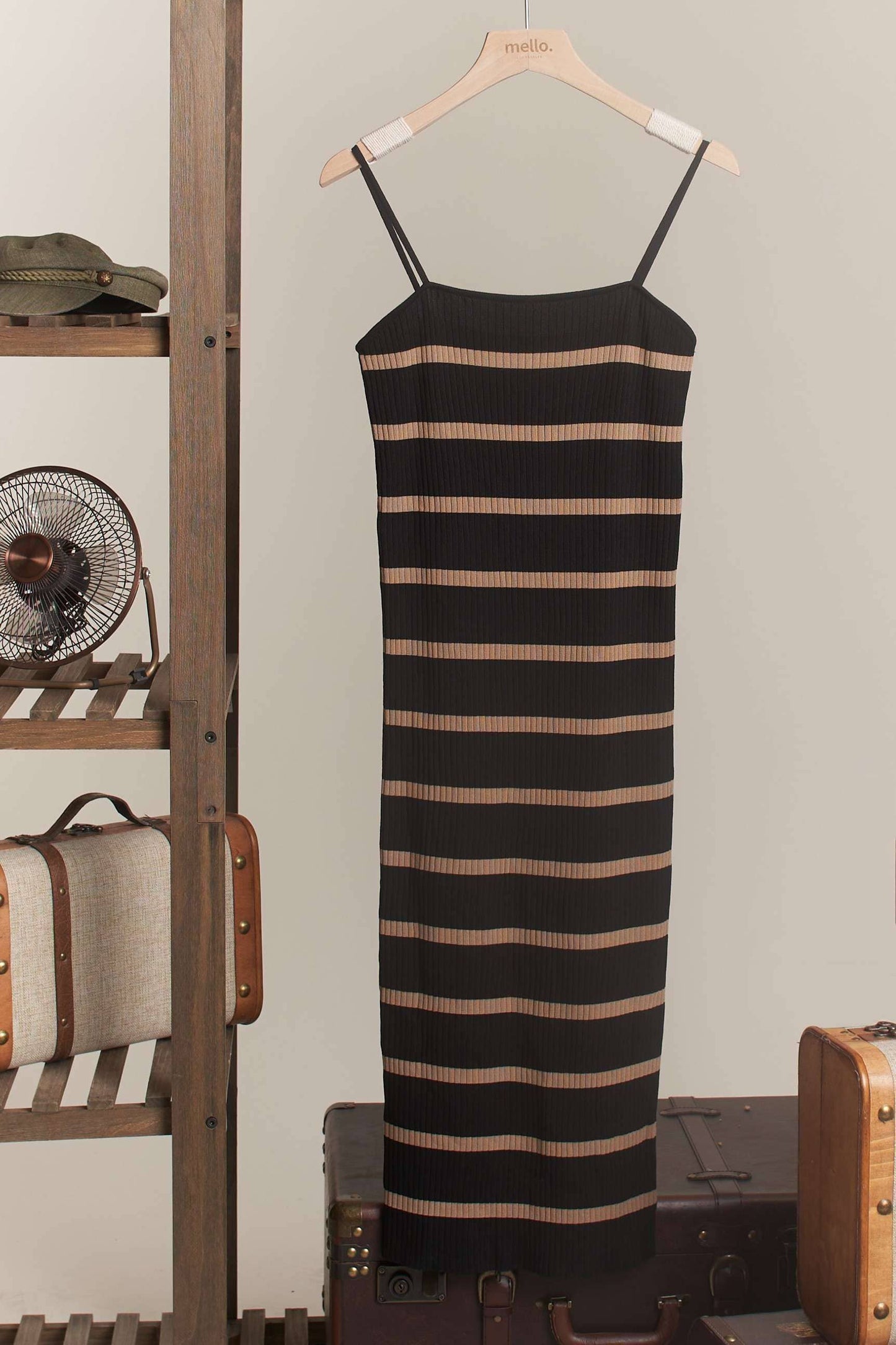 Spaghetti Strap Stripe Bodycon Knit Dress: Black / S