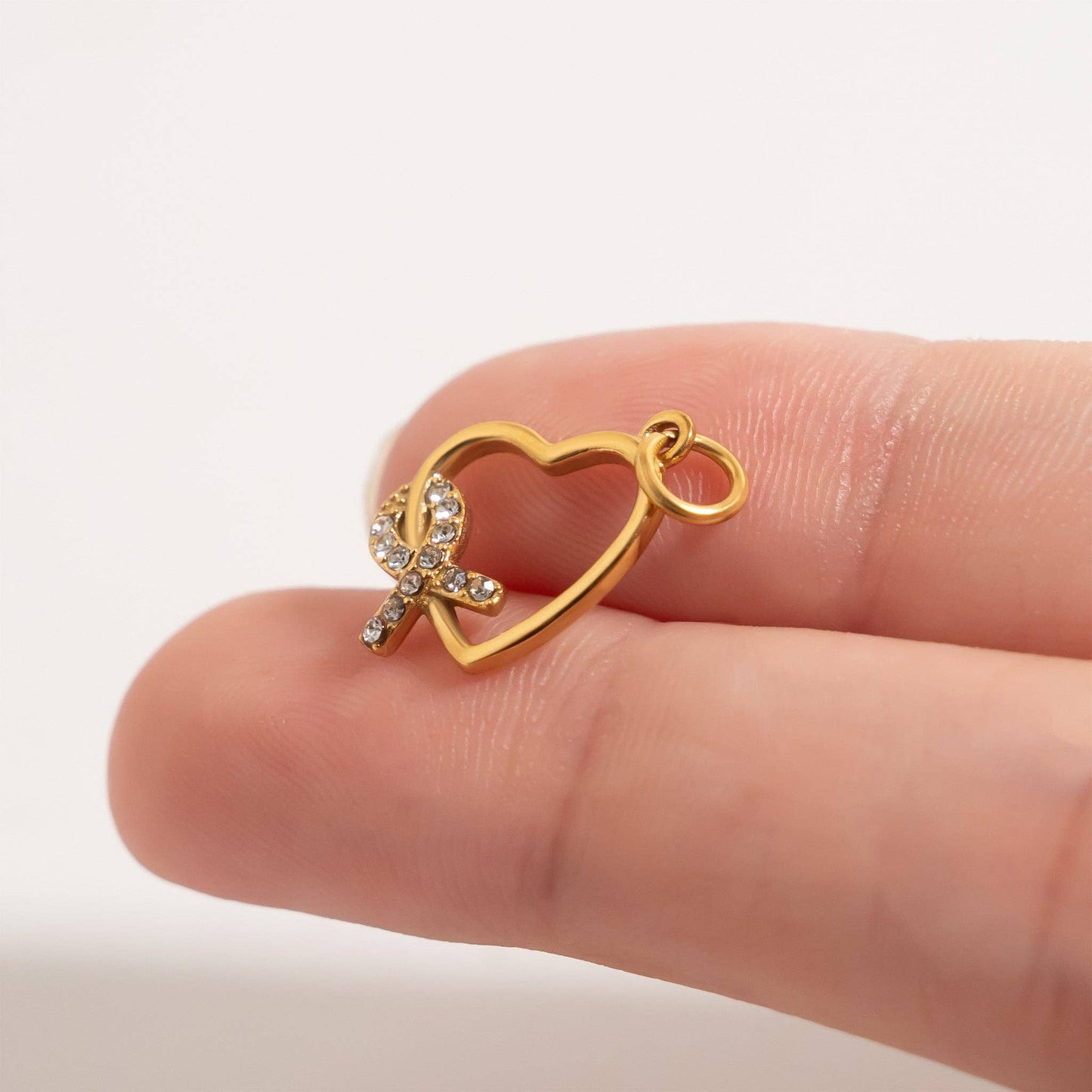 18K Gold PVD Stainless Steel Heart Ribbon with Stones Charm: Gold