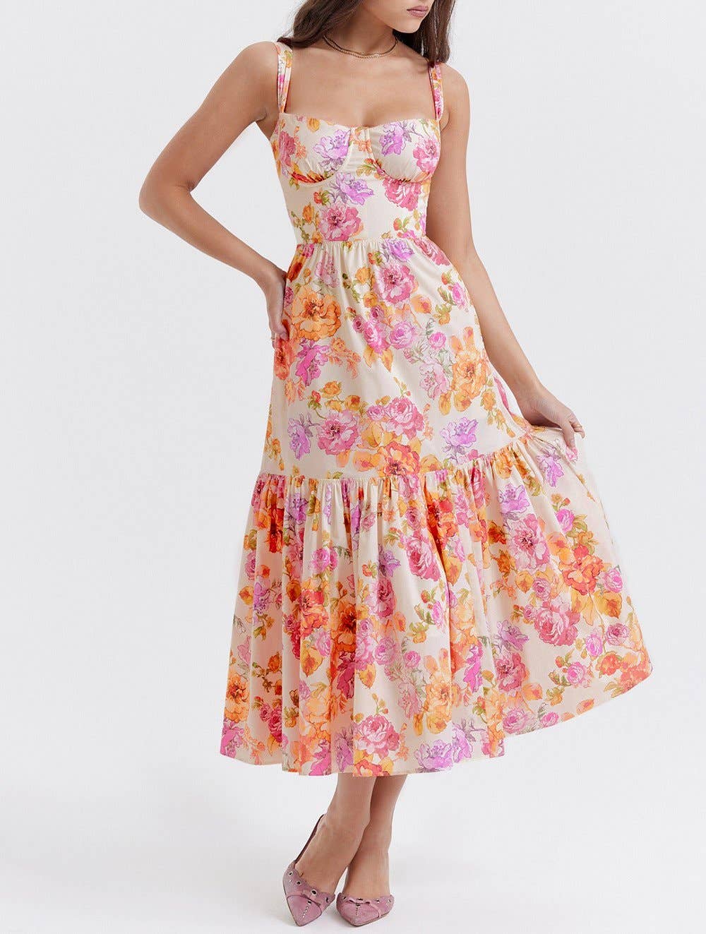 Suspender Floral Backless Cake Dress: Orange / M