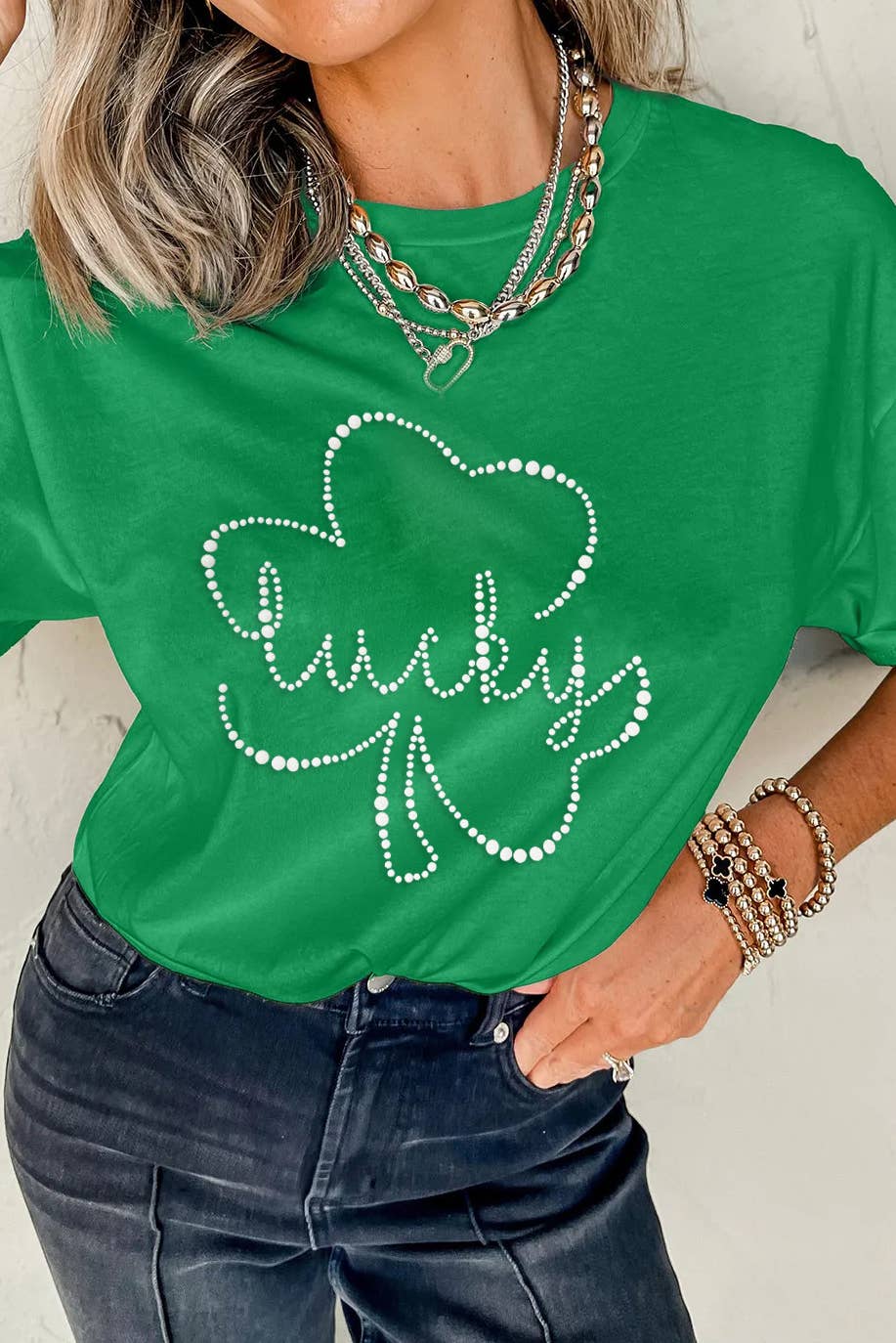 St. Patrick Rhinestone Lucky Clover Round Neck Tee | S-3XL: Bright Green / M