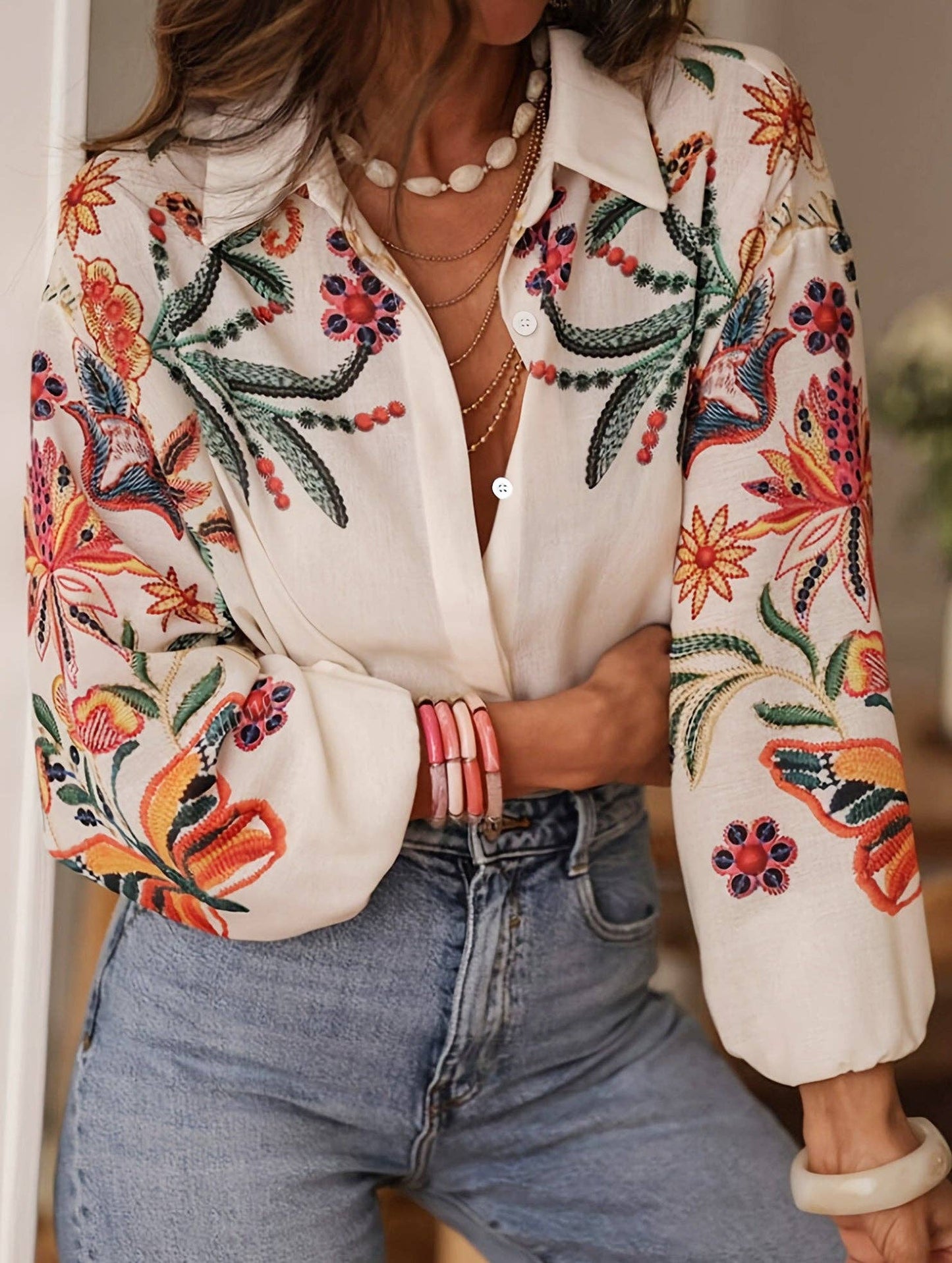 Loose long-sleeved digital printed shirt: Multicolor / (S) 1