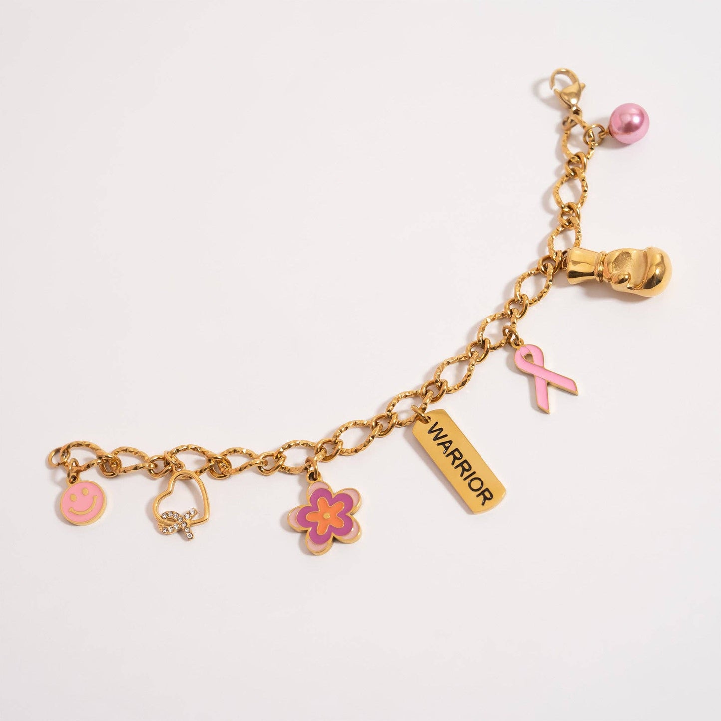 18K Gold PVD Stainless Steel Heart Ribbon with Stones Charm: Gold