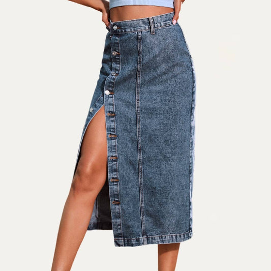 Always Chic Buttons High-Rise Denim Midi Skirt: DARK WASH / S
