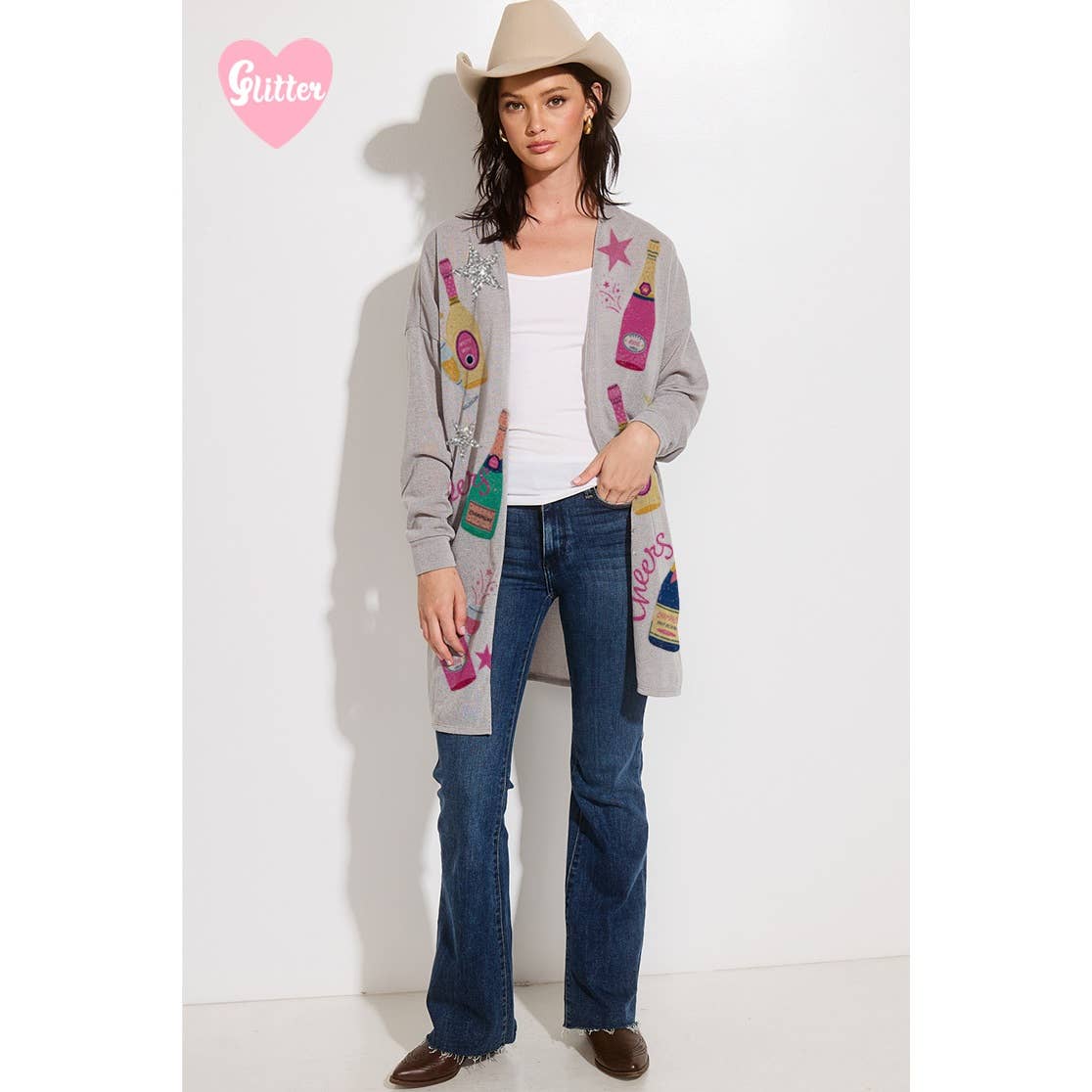 Holiday Cheers Glitter print Knit Cardigan: KHAKI / S