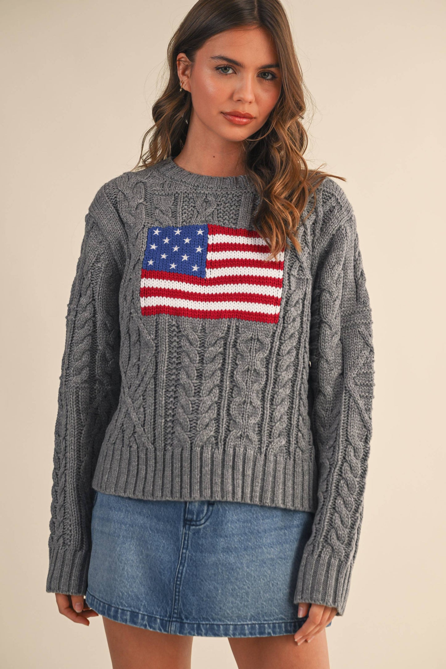 IT4473 USA FLAG CABLE KNIT SWEATER: CREAM / M