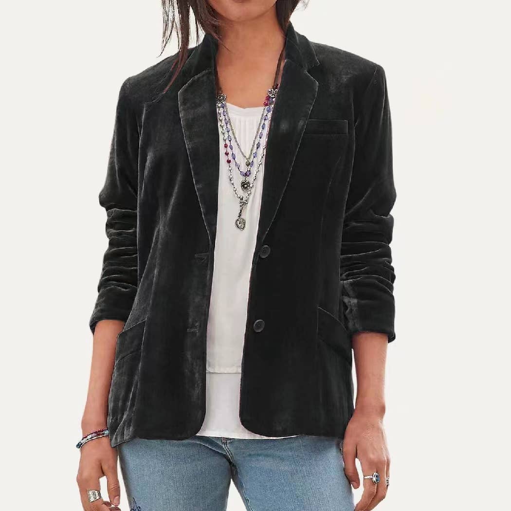 Classic Solid Velvet Collared Neck Long Sleeve Button Blazer: Red / XL