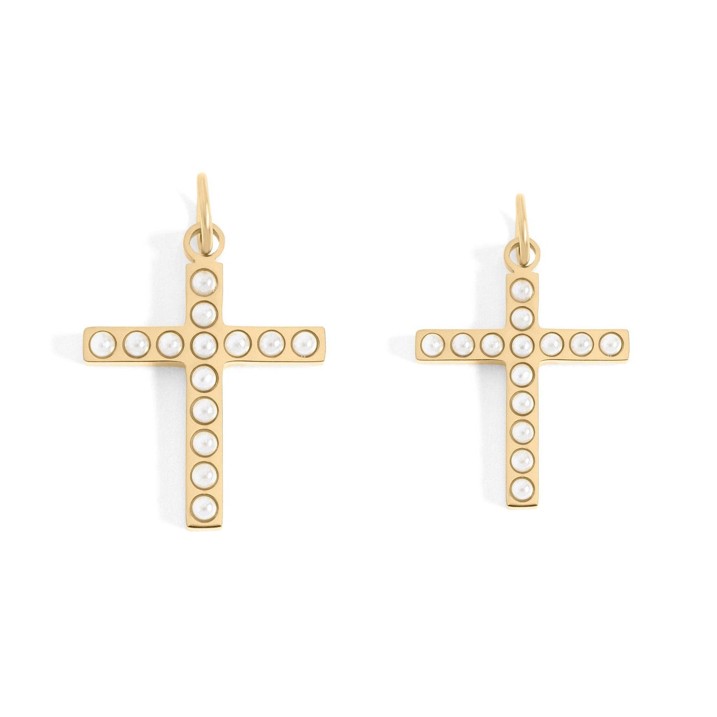 18K Gold PVD Stainless Steel Pearl Beaded Cross Charm: Stainless / 15mm