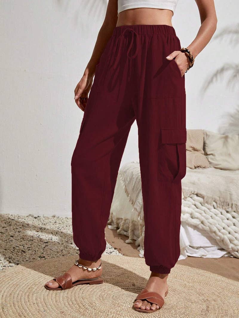 Wash Water Crepe Pocket Casual Cargo Pants: Green / L