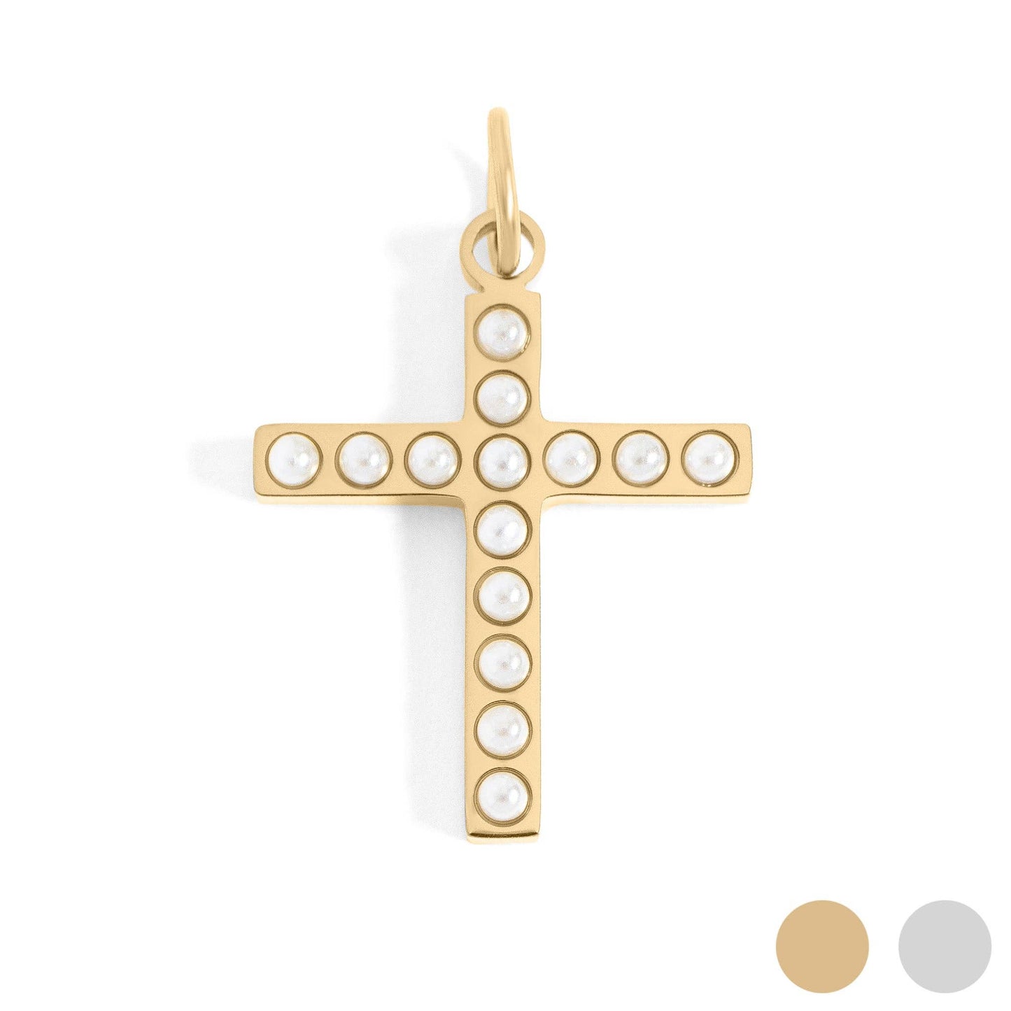18K Gold PVD Stainless Steel Pearl Beaded Cross Charm: Stainless / 15mm