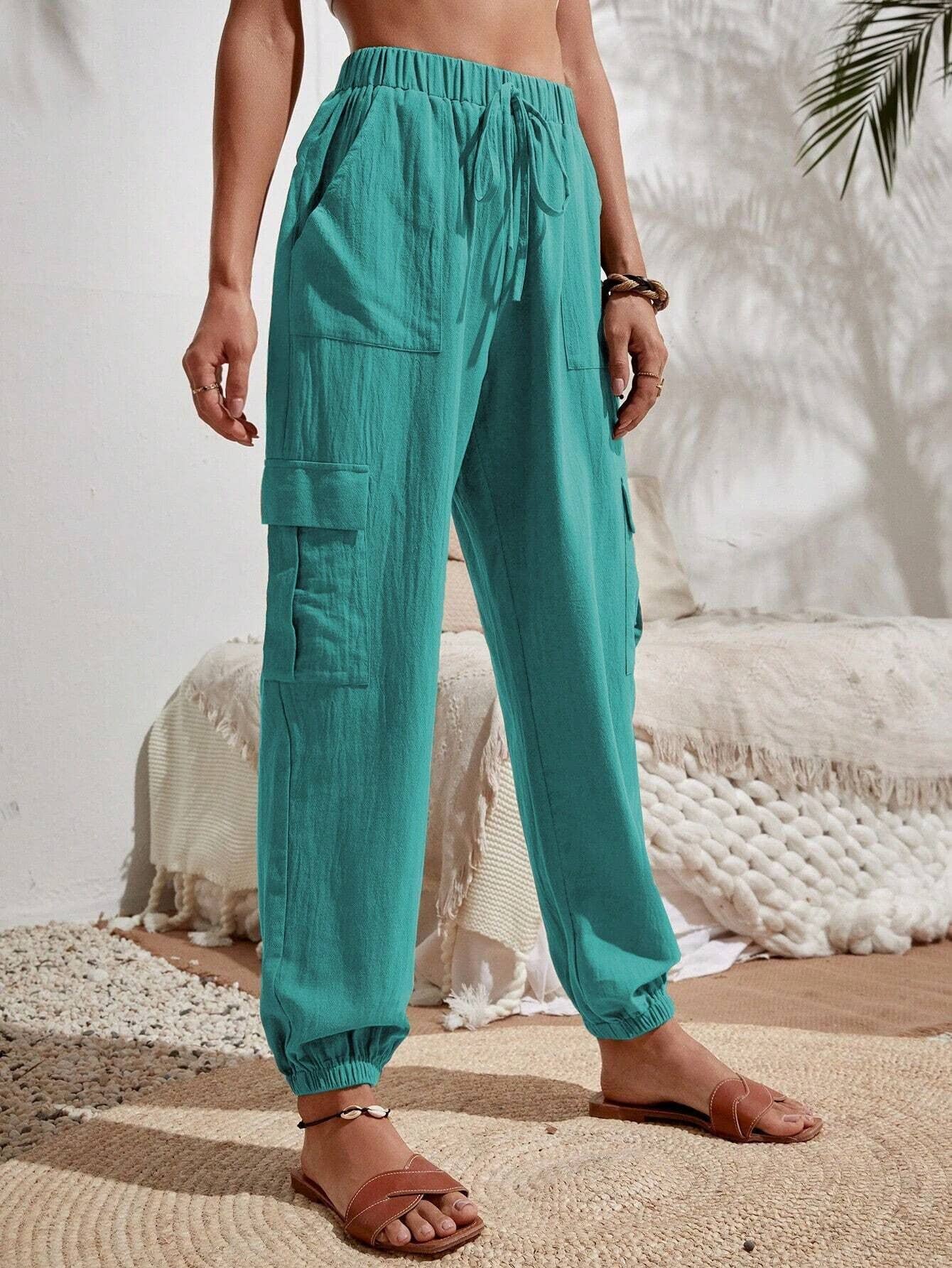 Wash Water Crepe Pocket Casual Cargo Pants: Green / S