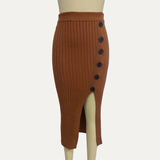 Fashionable Textured High-Waist Button-Front Midi Skirt: Caramel / S