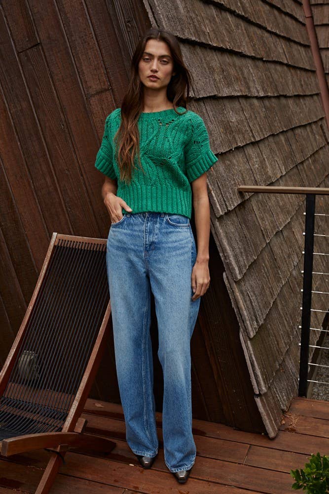 W1124 | Knit Sweater Crochet Round Neck Short Sleeve Top: Olive / Small