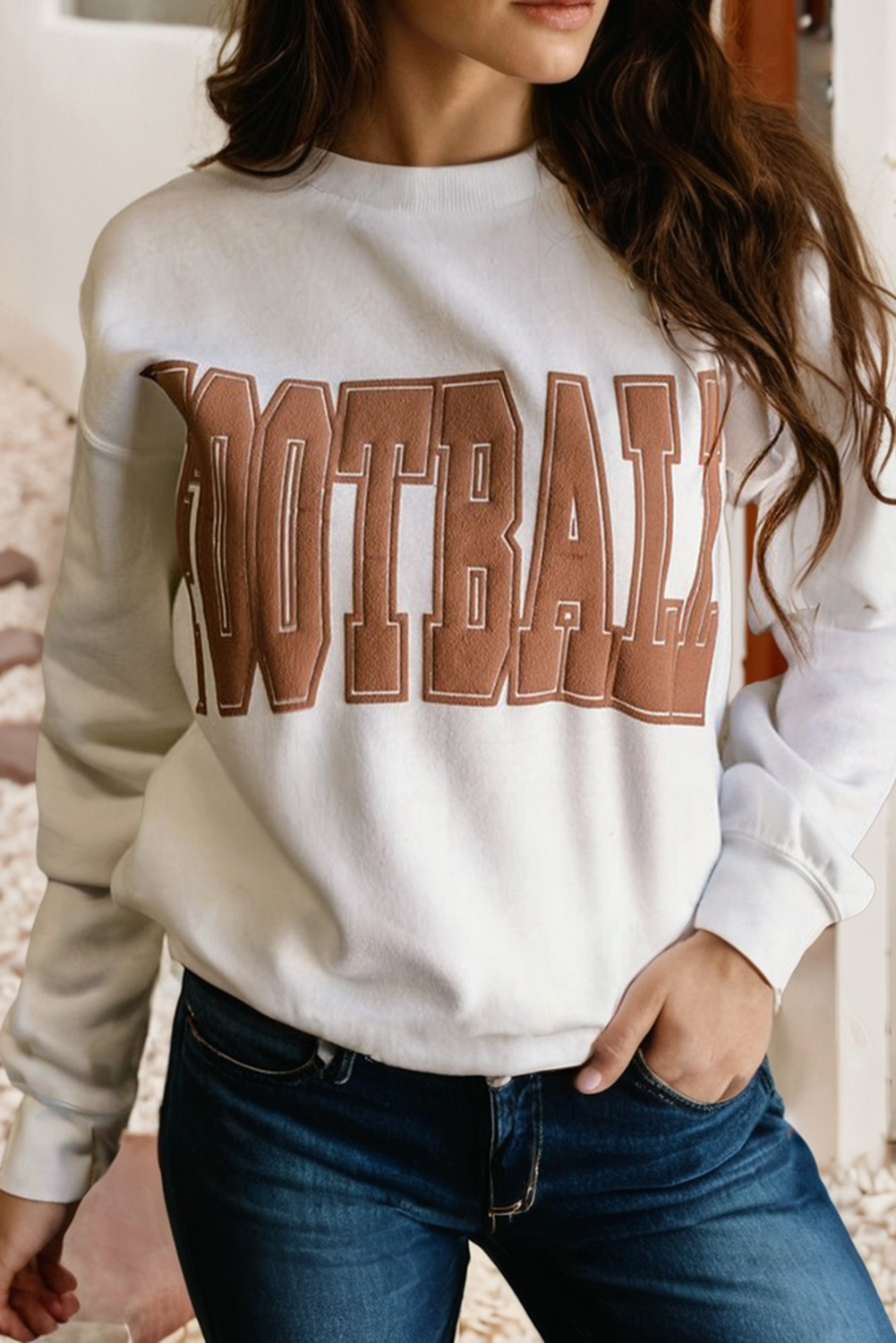 LDC FOOTBALL 3D Letter Graphic Crew Neck Sweatshirt: White / S