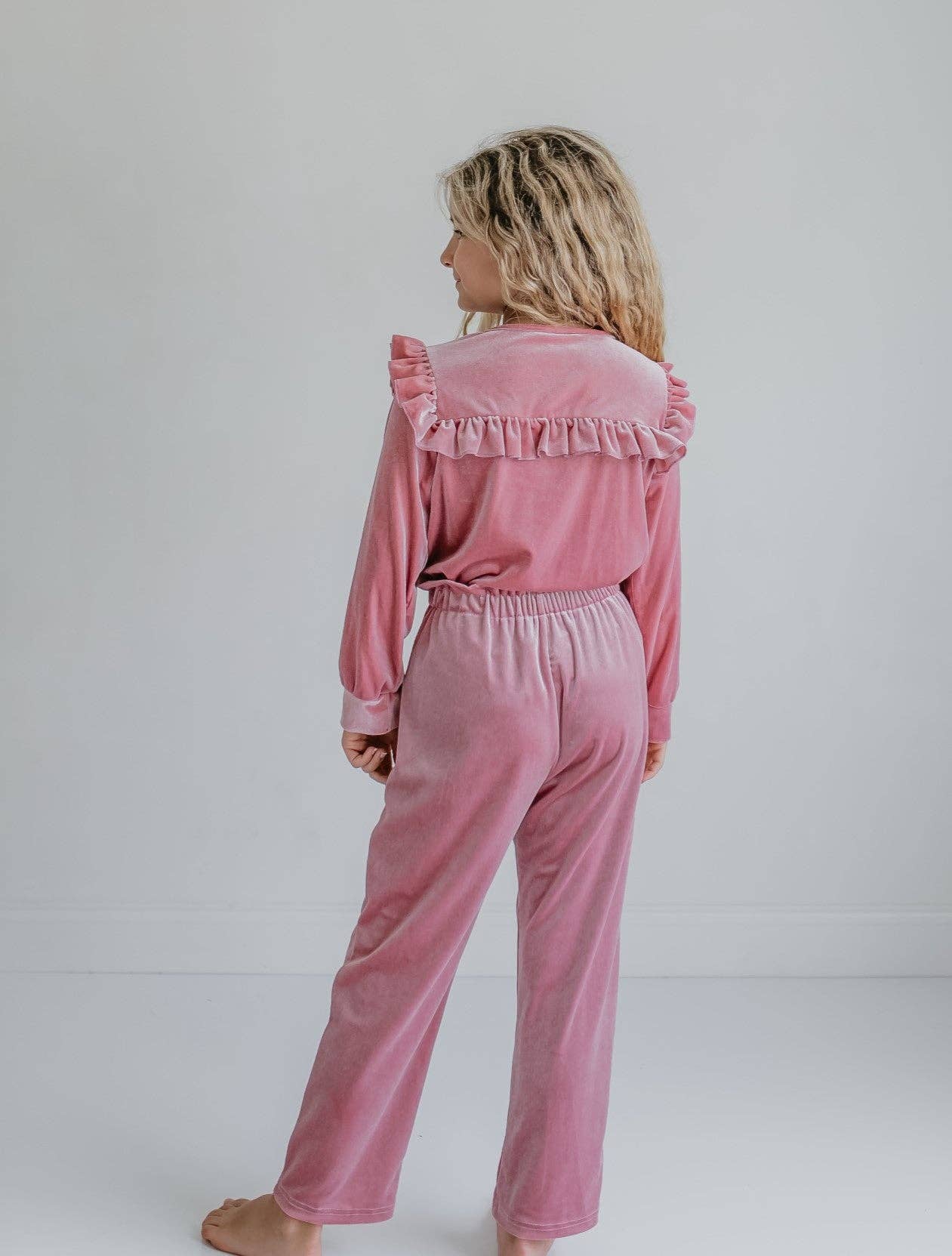 Girls Pink Velvet Ruffle Bow Fall Winter Fancy Pant Set: 7/8
