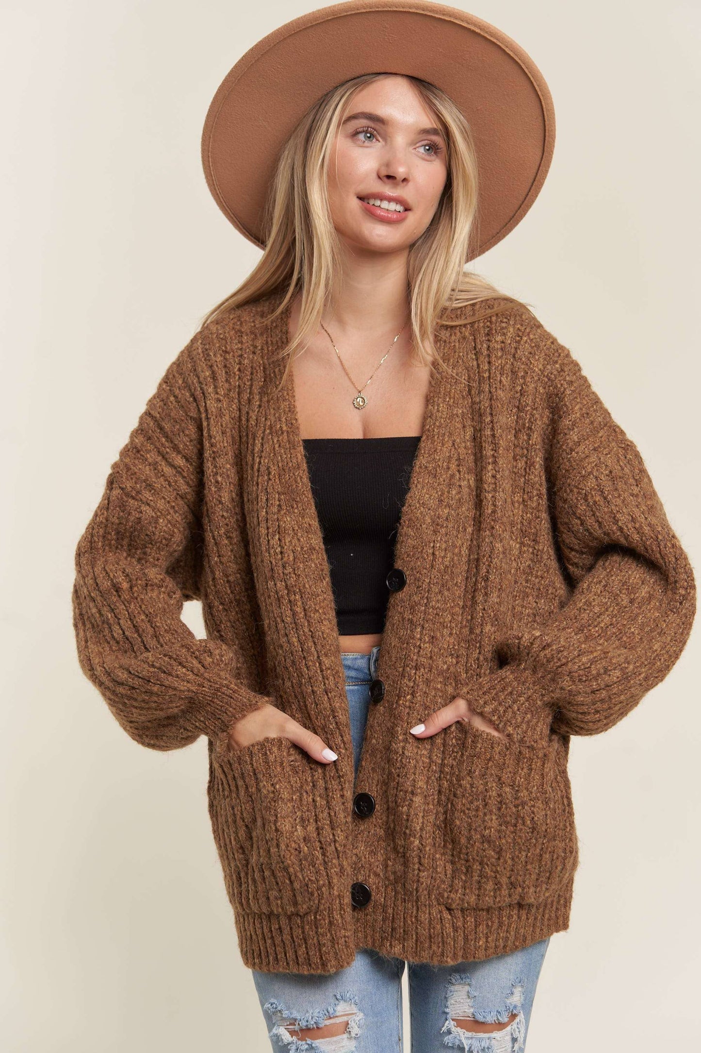 LESW3441A -  BUTTON DOWN COZY SWEATER CARDIGAN: HOT PINK / M/L