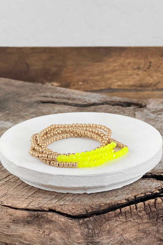 Bracelet stack Small Worn Gold Glass beads Pink Mint Denim: Neon Yellow