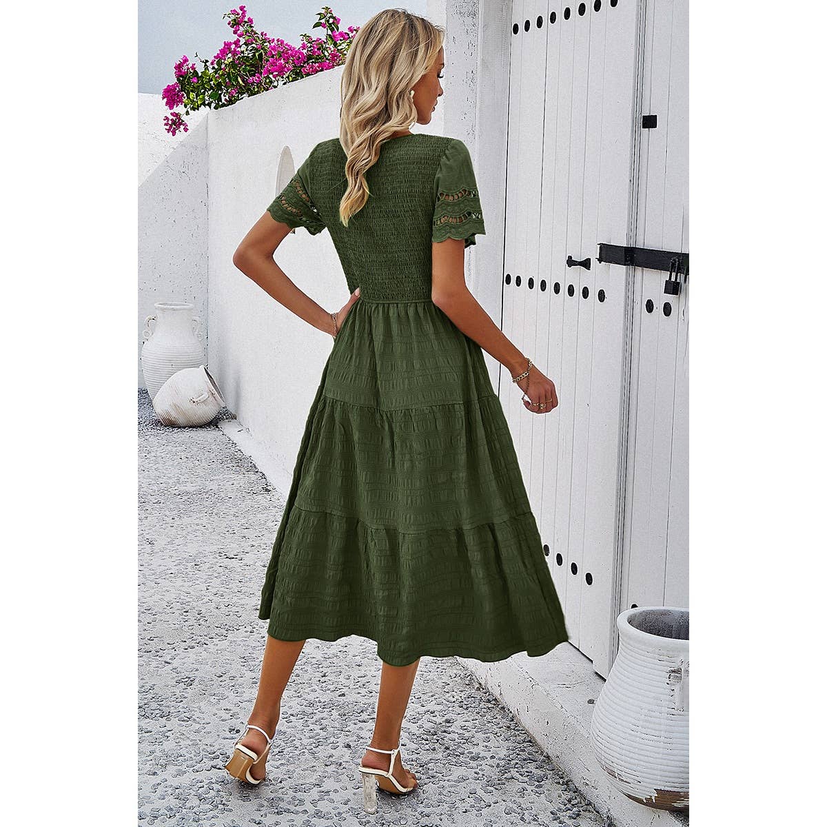 Lace Round Neck Ruched Fit Ruffle Solid Dress: WHITE / XL