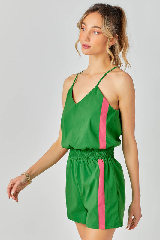 Side Striped Track Romper: GREEN/PINK / S